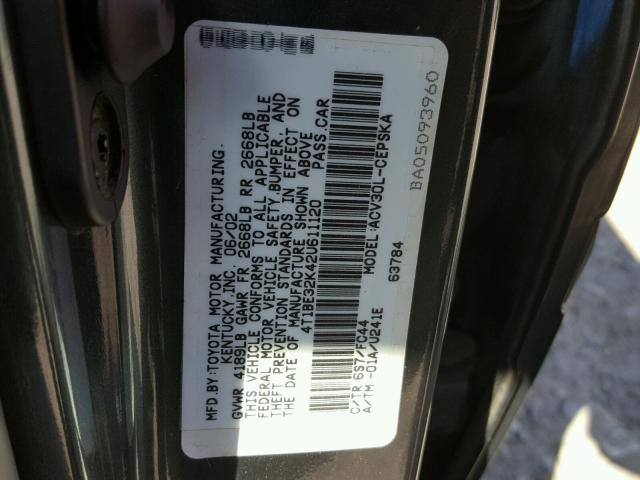 4T1BE32K42U611120 - 2002 TOYOTA CAMRY LE TURQUOISE photo 10