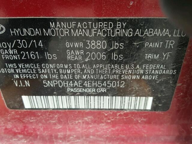 5NPDH4AE4EH545012 - 2014 HYUNDAI ELANTRA SE BURGUNDY photo 10