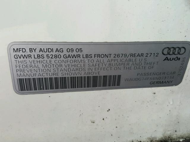 WAUDG74FX6N073714 - 2006 AUDI A6 3.2 QUA WHITE photo 10