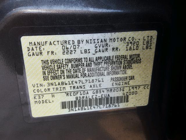 3N1AB61E47L718761 - 2007 NISSAN SENTRA 2.0 GRAY photo 10