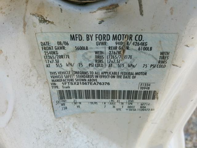 1FTSX21567EA76376 - 2007 FORD F250 SUPER WHITE photo 10