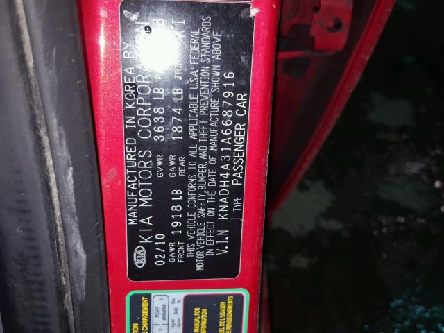 KNADH4A31A6687916 - 2010 KIA RIO LX Կարմիր լուսանկար 10