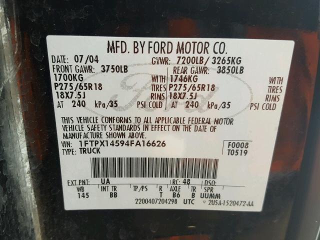 1FTPX14594FA16626 - 2004 FORD F150 BLACK photo 10