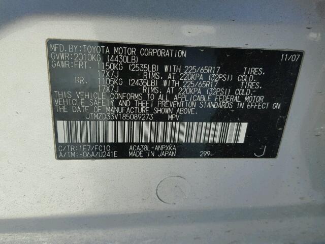 JTMZD33V185089273 - 2008 TOYOTA RAV4 SILVER photo 10