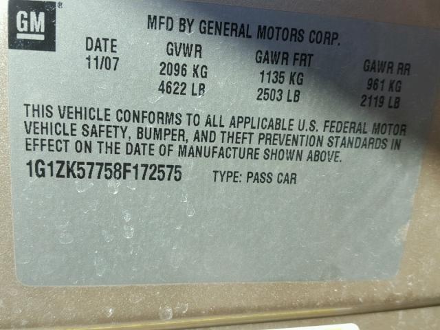 1G1ZK57758F172575 - 2008 CHEVROLET MALIBU LTZ 金色 照片 10