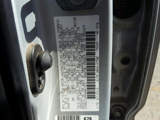 3TMKU72N58M017271 - 2008 TOYOTA TACOMA DOU SILVER photo 10