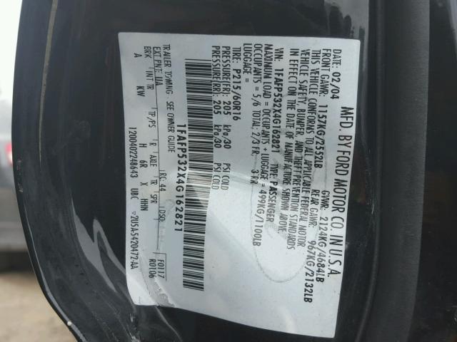 1FAFP532X4G162821 - 2004 FORD TAURUS SE BLACK photo 10