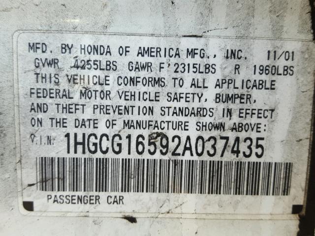 1HGCG16592A037435 - 2002 HONDA ACCORD EX WHITE photo 10