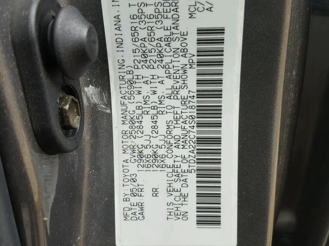 5TDZA22C74S018747 - 2004 TOYOTA SIENNA XLE GRAY photo 10