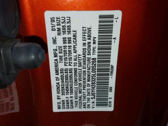 5J6YH28325L005268 - 2005 HONDA ELEMENT LX ORANGE photo 10