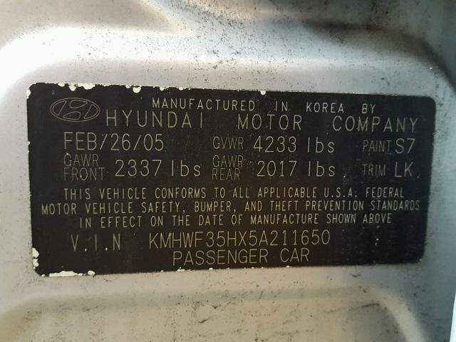 KMHWF35HX5A211650 - 2005 HYUNDAI SONATA GLS SILVER photo 10