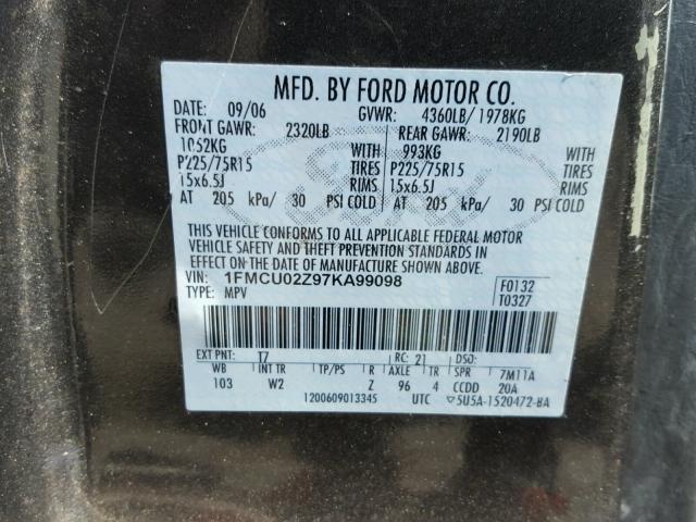 1FMCU02Z97KA99098 - 2007 FORD ESCAPE XLS CHARCOAL photo 10