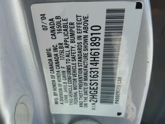 2HGES16314H618910 - 2004 HONDA CIVIC DX V SILVER photo 10