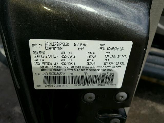 1J4GL38K75W565714 - 2005 JEEP LIBERTY RE CHARCOAL photo 10