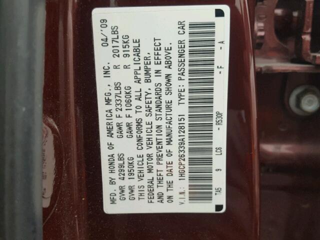 1HGCP26339A128151 - 2009 HONDA ACCORD LX BURGUNDY photo 10