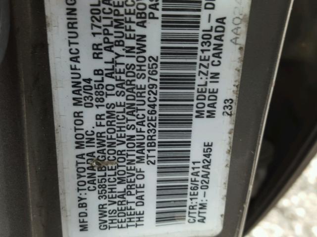 2T1BR32E64C297652 - 2004 TOYOTA COROLLA CE GRAY photo 10