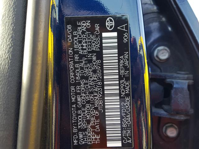 JTDBT923181265978 - 2008 TOYOTA YARIS BLUE photo 10