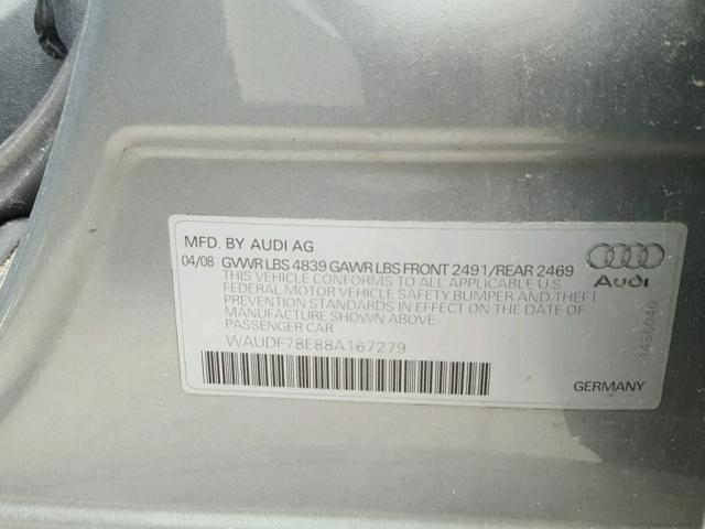 WAUDF78E88A167279 - 2008 AUDI A4 2.0T QU GRAY photo 10