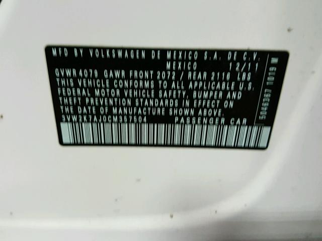 3VW2K7AJ0CM357504 - 2012 VOLKSWAGEN JETTA BASE თეთრი ფოტო 10