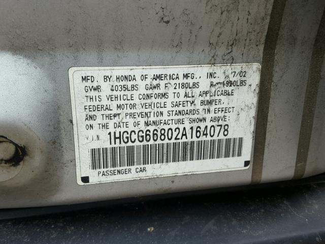 1HGCG66802A164078 - 2002 HONDA ACCORD EX SILVER photo 10