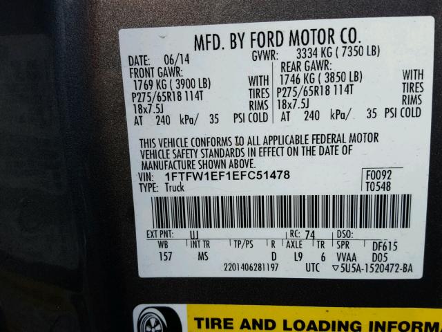 1FTFW1EF1EFC51478 - 2014 FORD F150 SUPER GRAY photo 10