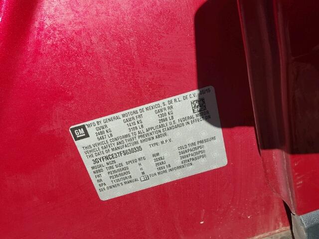 3GYFNCE37FS630335 - 2015 CADILLAC SRX PERFOR 勃艮第红 照片 10