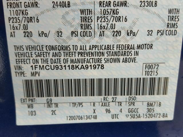 1FMCU93118KA91978 - 2008 FORD ESCAPE XLT BLUE photo 10