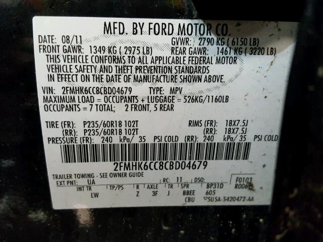 2FMHK6CC8CBD04679 - 2012 FORD FLEX SEL BLACK photo 10