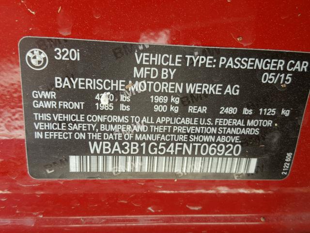 WBA3B1G54FNT06920 - 2015 BMW 320 I RED photo 10