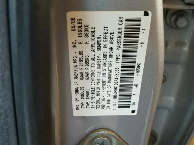 1HGCM56106A136065 - 2006 HONDA ACCORD VAL SILVER photo 10