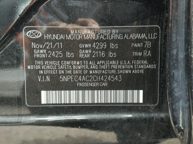 5NPEC4AC2CH424543 - 2012 HYUNDAI SONATA SE BLACK photo 10