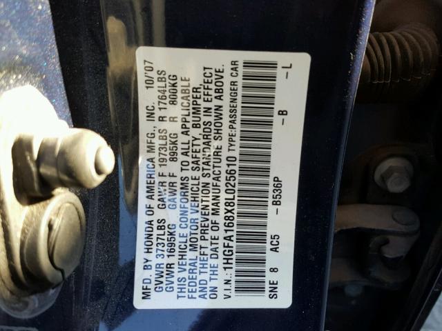 1HGFA168X8L025610 - 2008 HONDA CIVIC EX Mavi foto 10