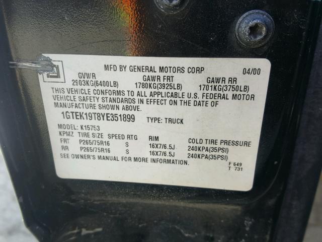 1GTEK19T8YE351899 - 2000 GMC NEW SIERRA BLACK photo 10