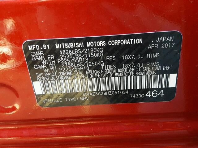 JA4AZ3A39HZ051034 - 2017 MITSUBISHI OUTLANDER RED photo 10