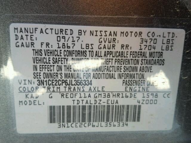 3N1CE2CP6JL356334 - 2018 NISSAN VERSA NOTE GRAY photo 10