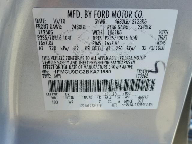 1FMCU9DG2BKA71880 - 2011 FORD ESCAPE XLT SILVER photo 10