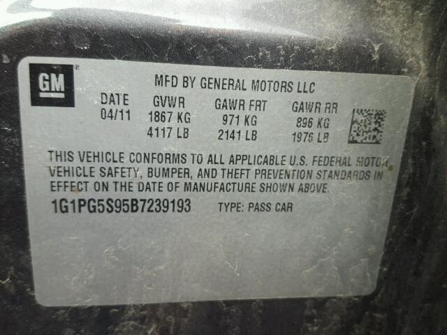 1G1PG5S95B7239193 - 2011 CHEVROLET CRUZE LT GRAY photo 10