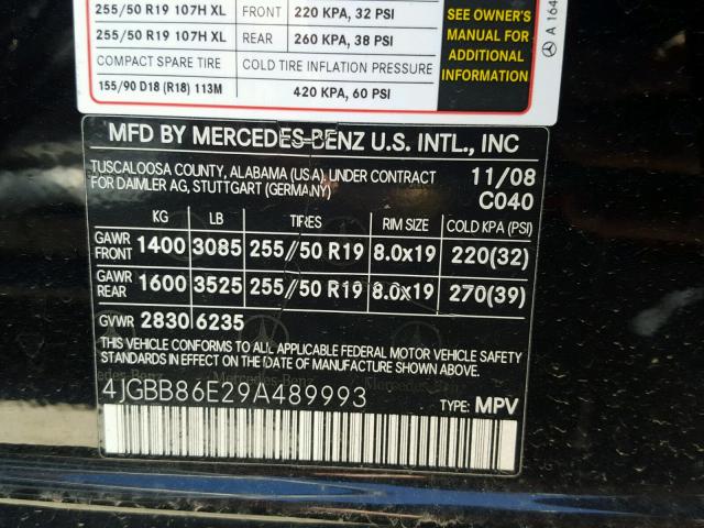 4JGBB86E29A489993 - 2009 MERCEDES-BENZ ML 350 BLACK photo 10