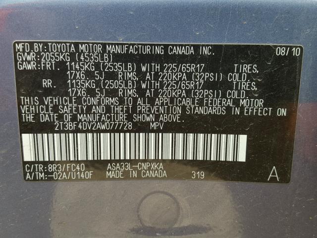 2T3BF4DV2AW077728 - 2010 TOYOTA RAV4 BLUE photo 10