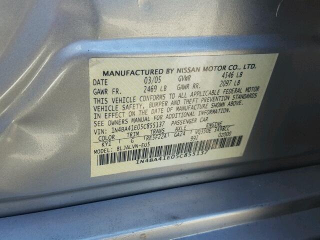 1N4BA41E05C855137 - 2005 NISSAN MAXIMA SE SILVER photo 10