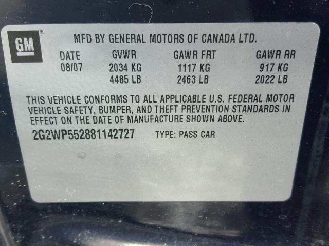 2G2WP552881142727 - 2008 PONTIAC GRAND PRIX BLUE photo 10