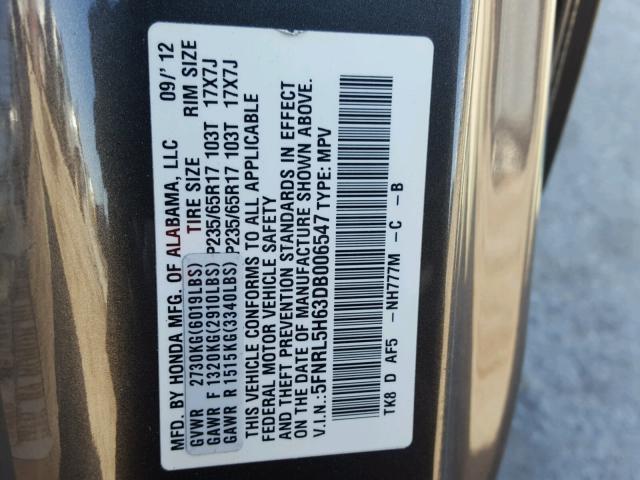 5FNRL5H63DB006547 - 2013 HONDA ODYSSEY EX CHARCOAL photo 10