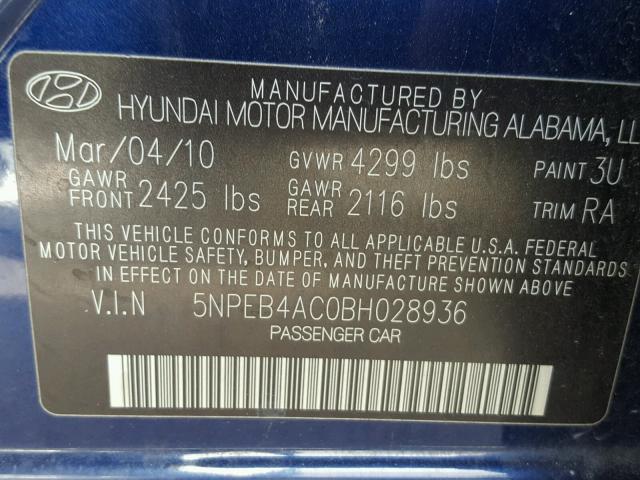 5NPEB4AC0BH028936 - 2011 HYUNDAI SONATA GLS BLUE photo 10