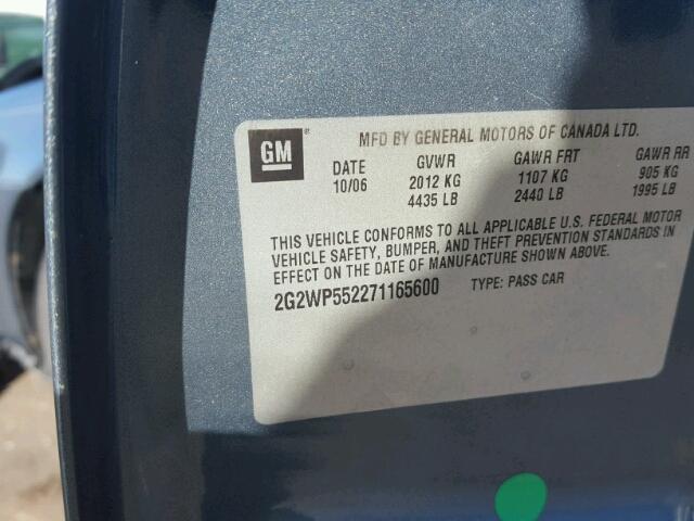2G2WP552271165600 - 2007 PONTIAC GRAND PRIX TURQUOISE photo 10