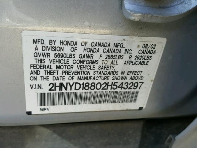 2HNYD18802H543297 - 2002 ACURA MDX TOURIN SILVER photo 10