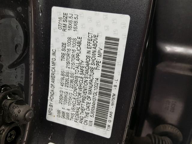 5J6RM4H37GL100214 - 2016 HONDA CR-V LX GRAY photo 10