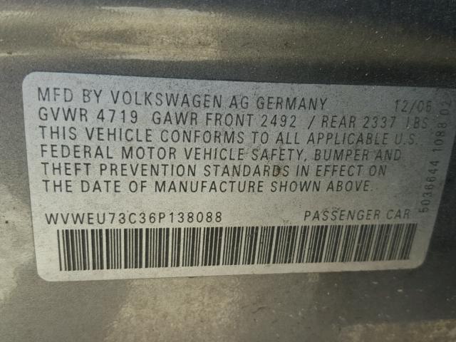 WVWEU73C36P138088 - 2006 VOLKSWAGEN PASSAT 3.6 GRAY photo 10