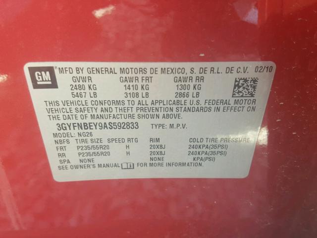 3GYFNBEY9AS592833 - 2010 CADILLAC SRX PERFOR 栗色 照片 10