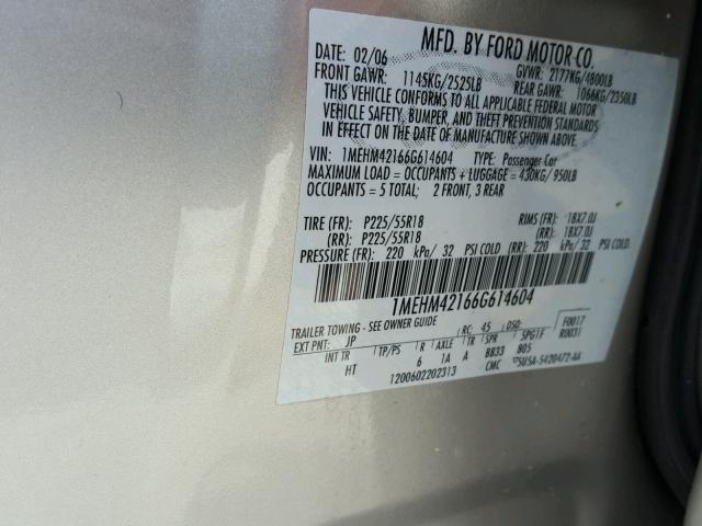 1MEHM42166G614604 - 2006 MERCURY MONTEGO PR 银色 照片 10