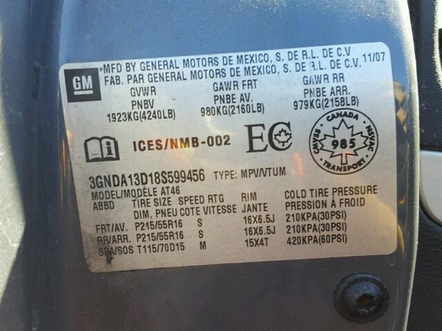 3GNDA13D18S599456 - 2008 CHEVROLET HHR LS GRAY photo 10